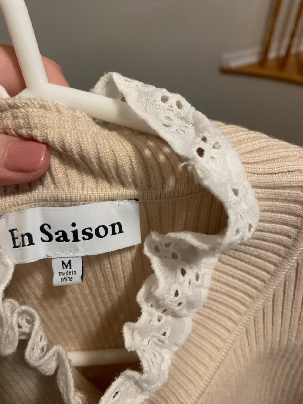 En Saison Cream Ribbed Sweater with Eyelet Lace Collar - Picture 2 of 3